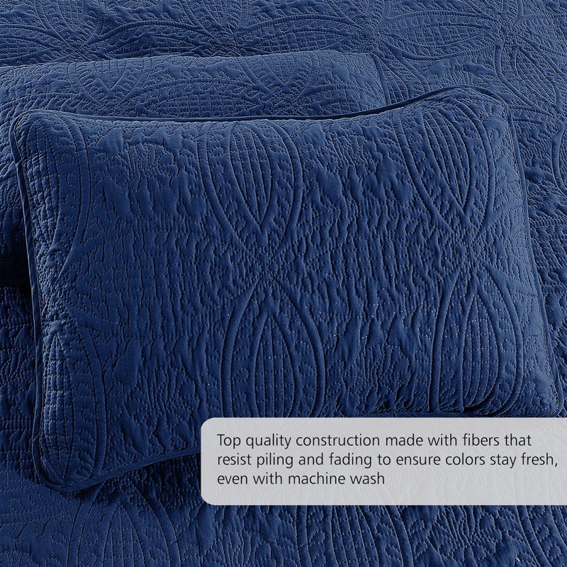 Pure Bedding Quilt Set Full/Queen Size Navy - Oversized Bedspread - Soft Microfiber Lightweight Coverlet for All Season - 3 Piece Includes 1 Quilt and 2 Shams, Geometric Pattern - Image 3